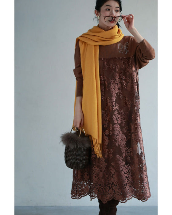 艶めく刺繍ベール重なるニットミディアムワンピース