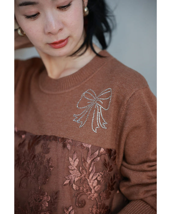 艶めく刺繍ベール重なるニットミディアムワンピース