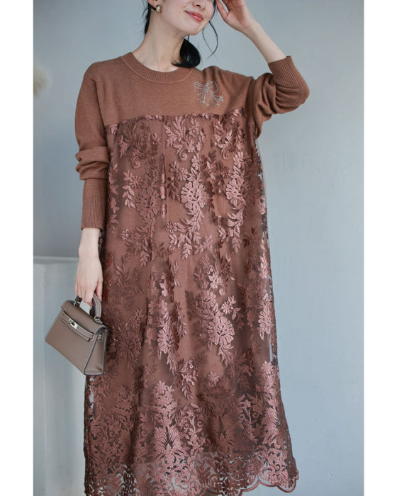 艶めく刺繍ベール重なるニットミディアムワンピース