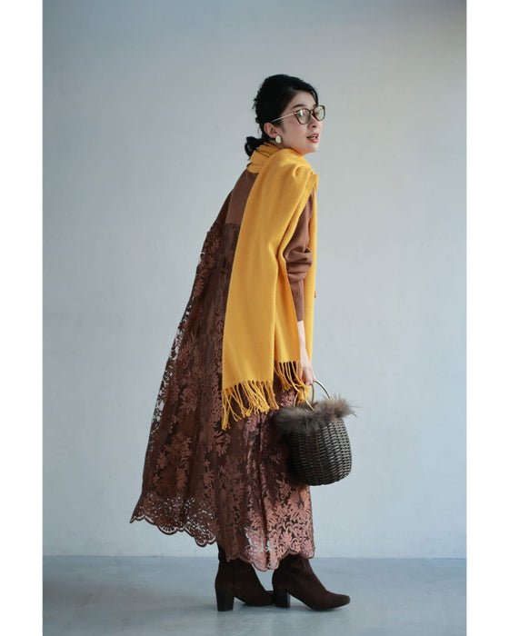 艶めく刺繍ベール重なるニットミディアムワンピース