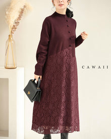  深まるボルドーのレース合わせニットミディアムワンピース