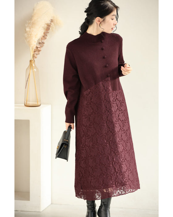深まるボルドーのレース合わせニットミディアムワンピース