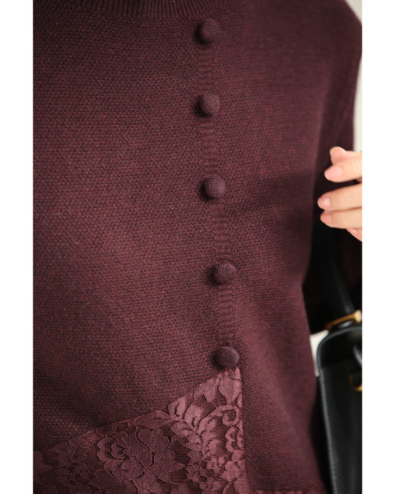 深まるボルドーのレース合わせニットミディアムワンピース