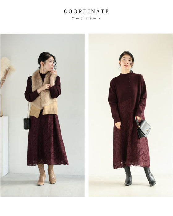 深まるボルドーのレース合わせニットミディアムワンピース