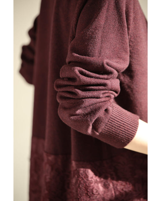 深まるボルドーのレース合わせニットミディアムワンピース