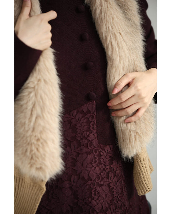 深まるボルドーのレース合わせニットミディアムワンピース