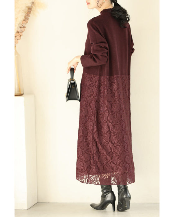深まるボルドーのレース合わせニットミディアムワンピース