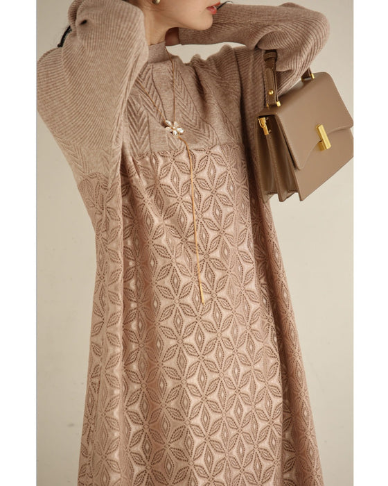 雪の結晶レース重なるニットロングワンピース