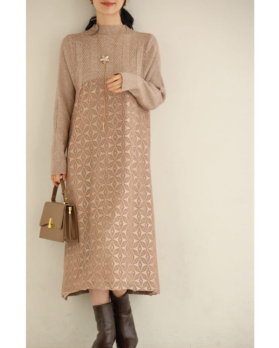 雪の結晶レース重なるニットロングワンピース