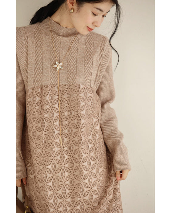 雪の結晶レース重なるニットロングワンピース