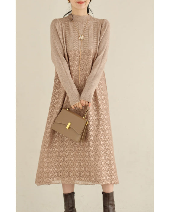 雪の結晶レース重なるニットロングワンピース