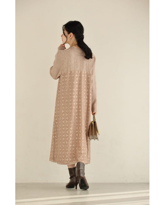 雪の結晶レース重なるニットロングワンピース