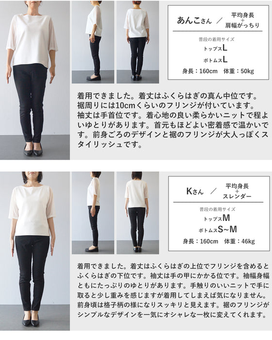 ブロックチェック浮かぶ裾フリンジニットミディアムワンピース