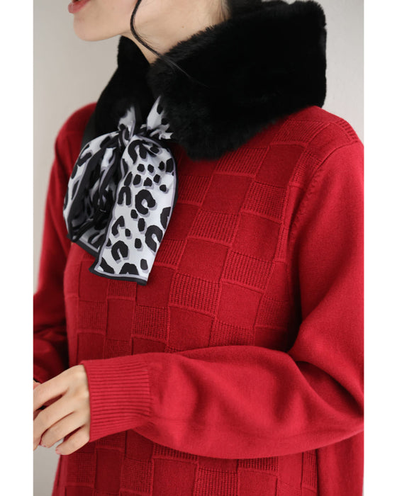 ブロックチェック浮かぶ裾フリンジニットミディアムワンピース