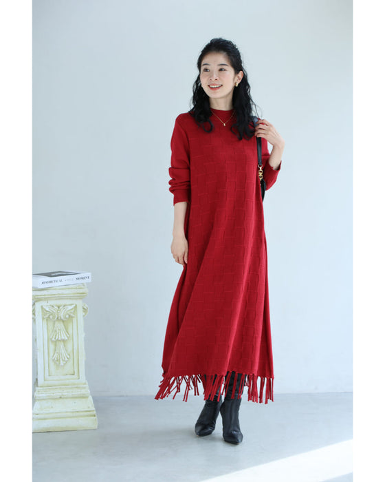 ブロックチェック浮かぶ裾フリンジニットミディアムワンピース