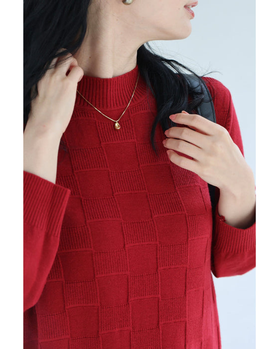 ブロックチェック浮かぶ裾フリンジニットミディアムワンピース