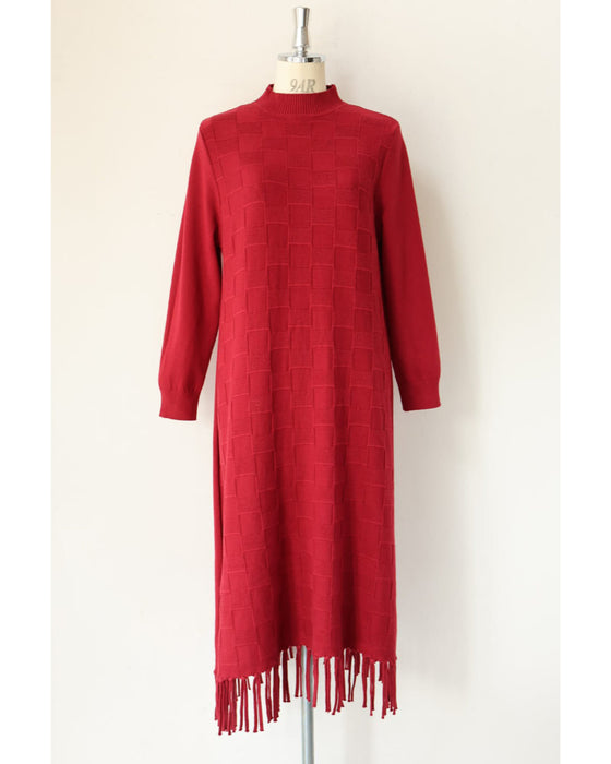 ブロックチェック浮かぶ裾フリンジニットミディアムワンピース