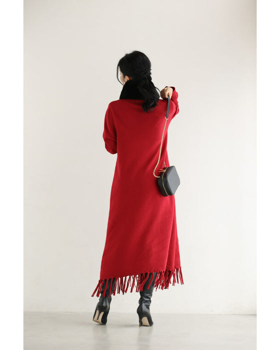 ブロックチェック浮かぶ裾フリンジニットミディアムワンピース