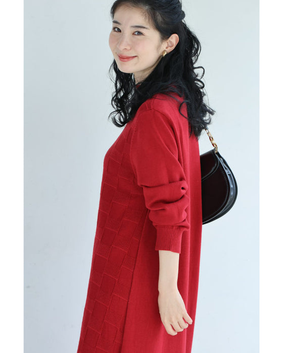 ブロックチェック浮かぶ裾フリンジニットミディアムワンピース