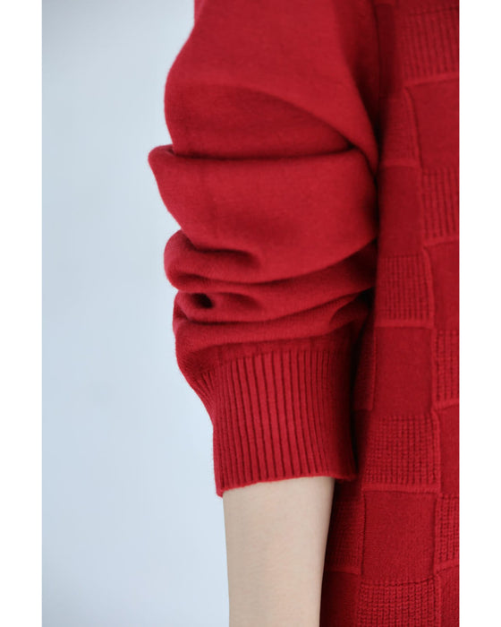 ブロックチェック浮かぶ裾フリンジニットミディアムワンピース