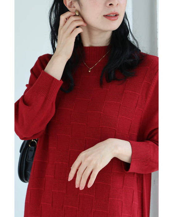 ブロックチェック浮かぶ裾フリンジニットミディアムワンピース