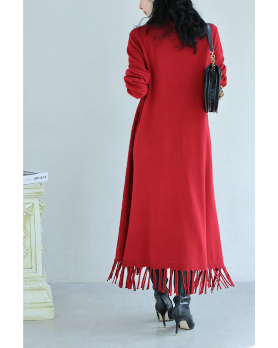 ブロックチェック浮かぶ裾フリンジニットミディアムワンピース