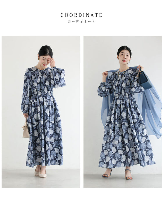 胸元シャーリングの紫陽花柄ロングワンピース