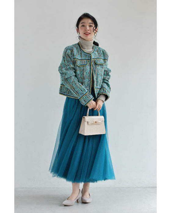 ブルーとゴールドのキレイ色ミックスツイードジャケット