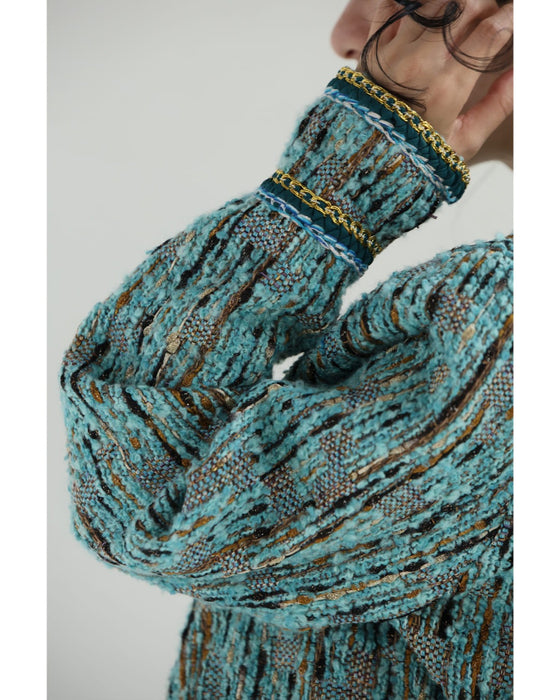 ブルーとゴールドのキレイ色ミックスツイードジャケット