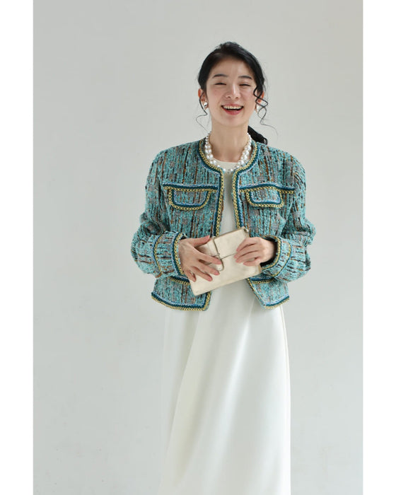ブルーとゴールドのキレイ色ミックスツイードジャケット