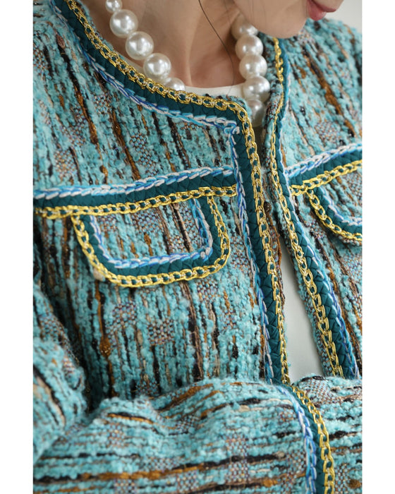 ブルーとゴールドのキレイ色ミックスツイードジャケット