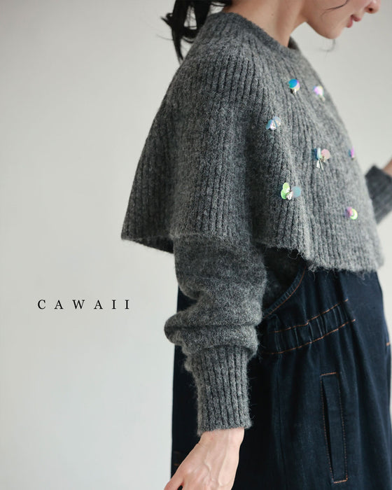 虹色の輝き放つオーロラスパンコールのケープニットプルオーバートップス