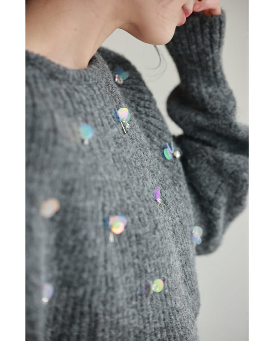 虹色の輝き放つオーロラスパンコールのケープニットプルオーバートップス