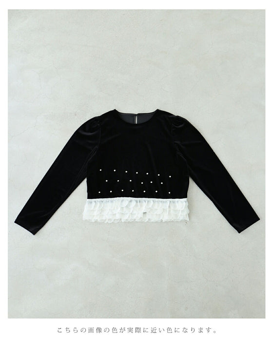 裾に広がるサークルフリルのベロア調ビジュープルオーバートップス