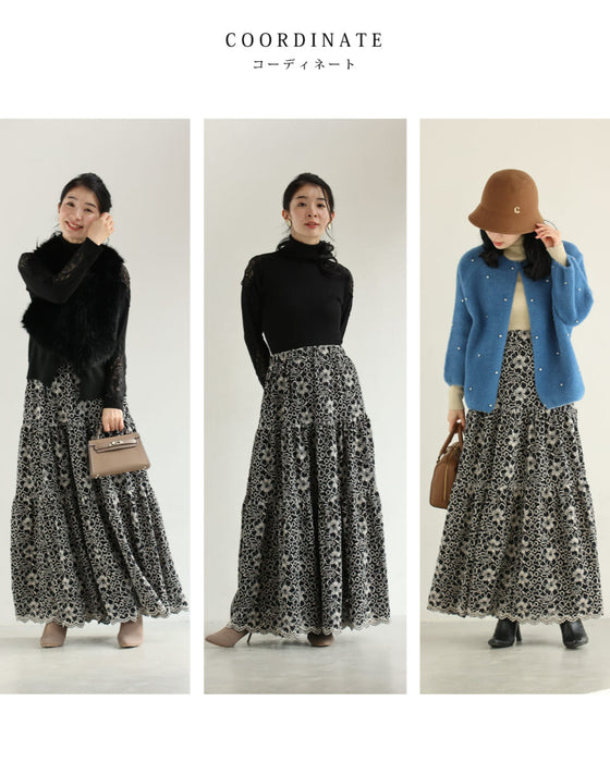 たっぷり広がる起毛花レースロングスカート