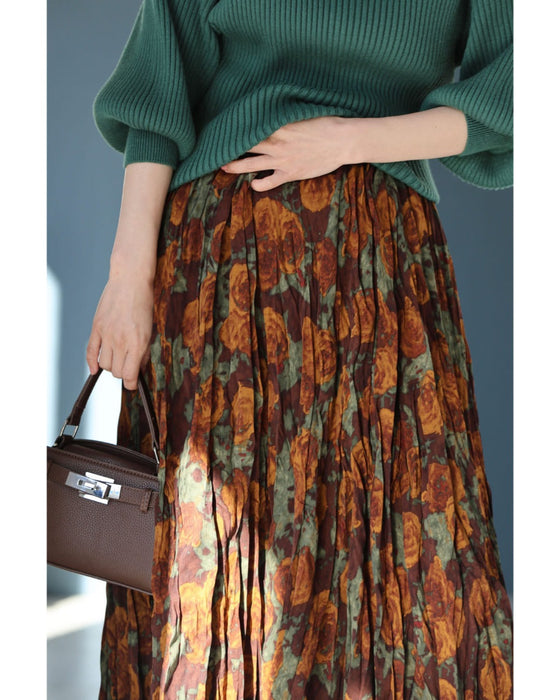 くしゅっと可愛いクリンクル加工の花柄ロングスカート