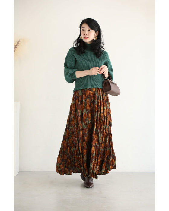 くしゅっと可愛いクリンクル加工の花柄ロングスカート
