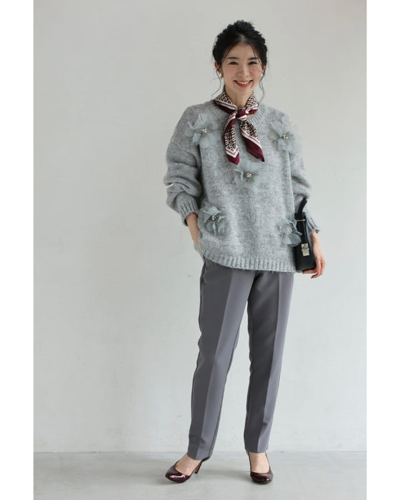 満開の花コサージュニットプルオーバートップス