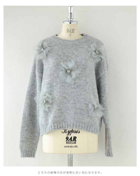 満開の花コサージュニットプルオーバートップス