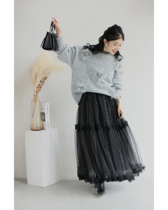 満開の花コサージュニットプルオーバートップス