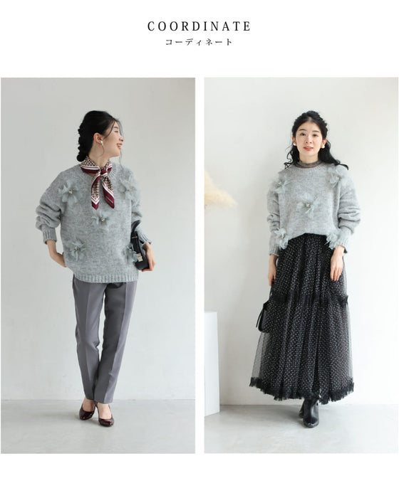 満開の花コサージュニットプルオーバートップス