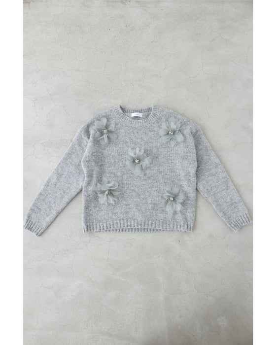 満開の花コサージュニットプルオーバートップス