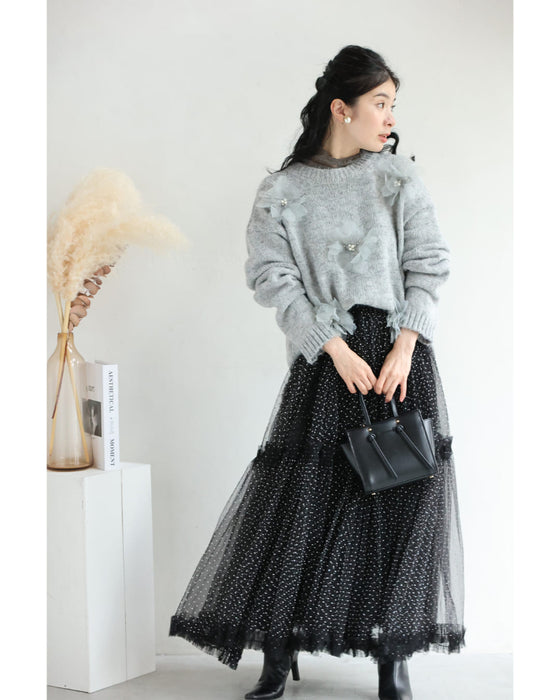 満開の花コサージュニットプルオーバートップス