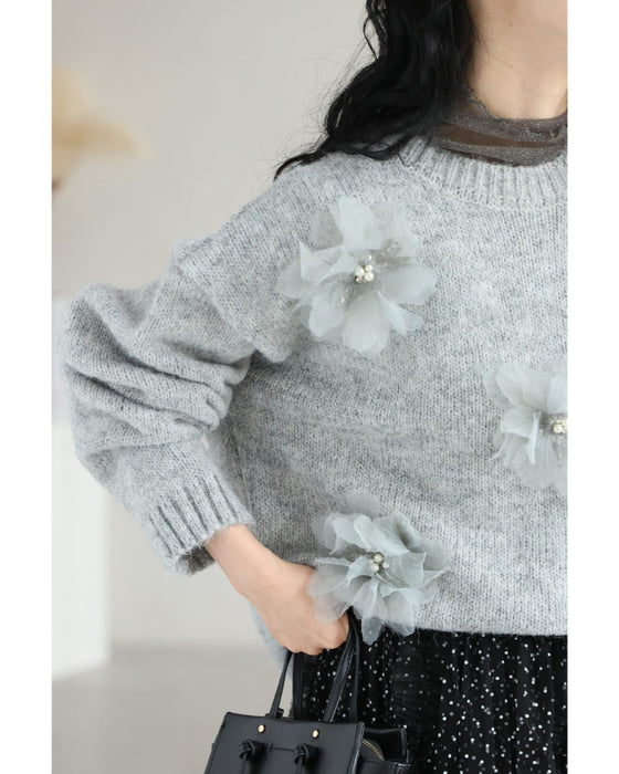 満開の花コサージュニットプルオーバートップス