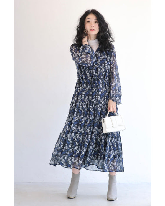 揺らめくように連なる花のシフォンミディアムワンピース