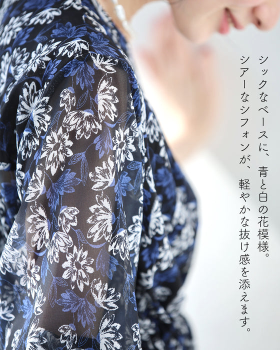揺らめく花のシフォンワンピース