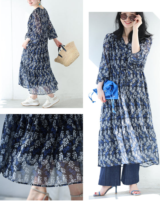 揺らめく花のシフォンワンピース