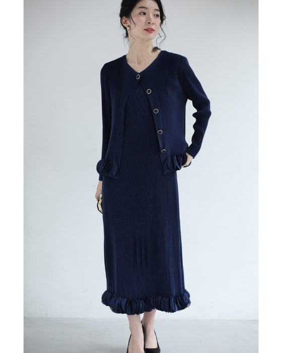 【予約商品】花びら裾のプリーツカーディガンとワンピース2点セット【set】