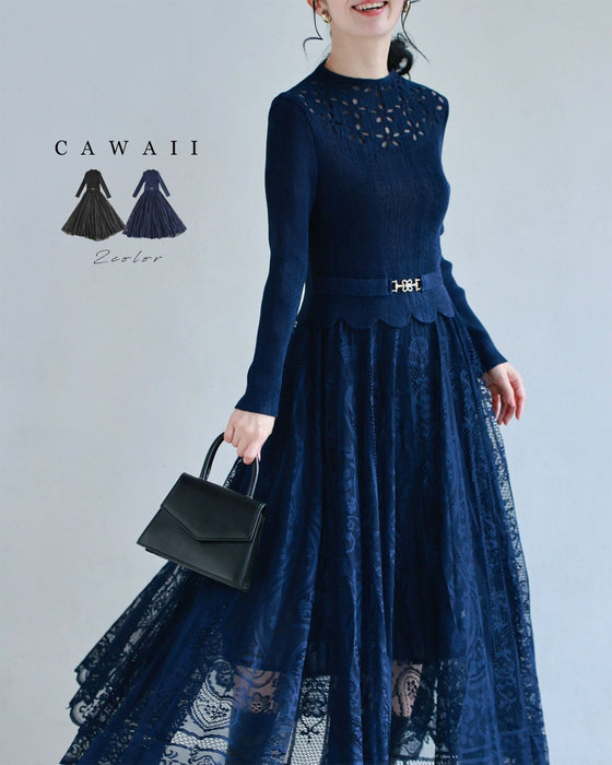 デコルテに広がる花のたっぷりレースロングワンピース