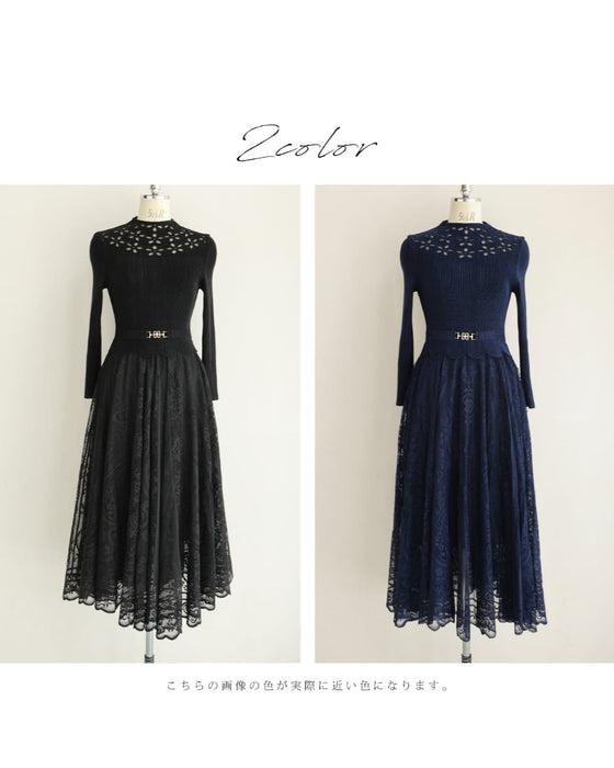 デコルテに広がる花のたっぷりレースロングワンピース